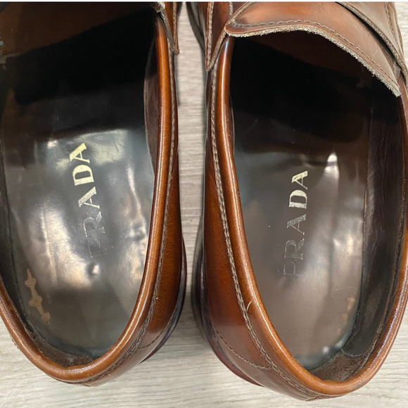 Prada Brown Leather Slip On Penny Loafers Men's 10.5 - Picture 8 of 9